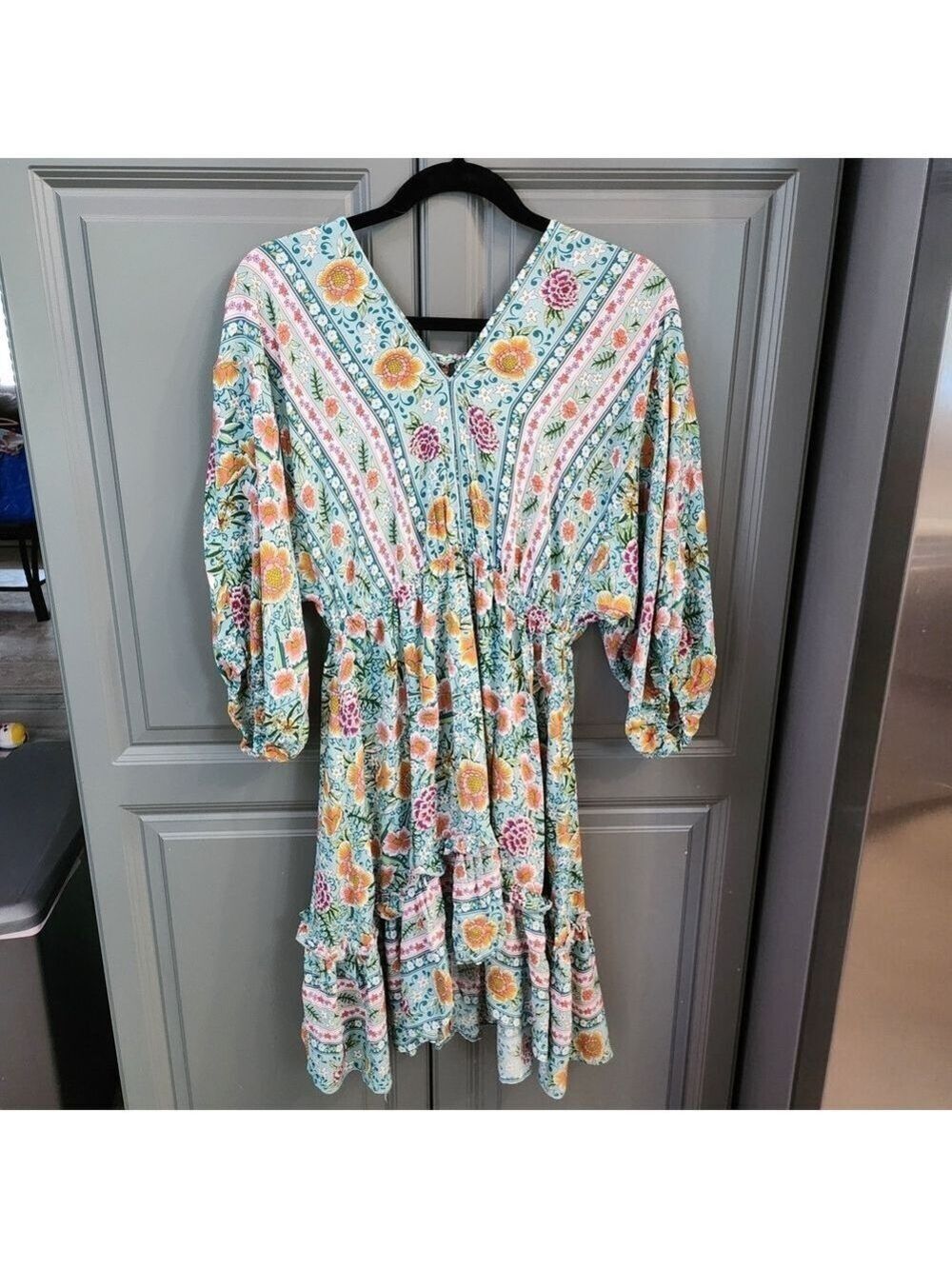 Boho Umgee Floral Print Dress in Teal and Pink